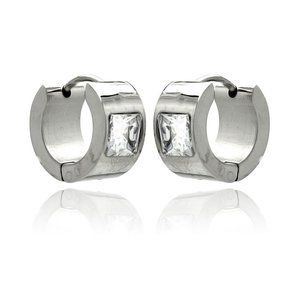 Stainless Steel Rhodium Plated Princess Cut Clear CZ Wide Hoop Huggies Earrings